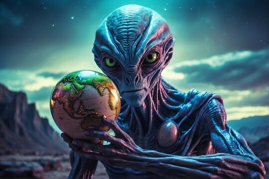 Angry enormous alien holding Earth globe, concept of extraterrestrial intelligence
