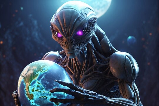 Angry enormous alien holding Earth globe, concept of extraterrestrial intelligence