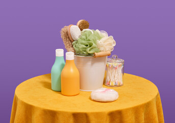 Composition of bright various shower supplies. Cosmetic products and self care.