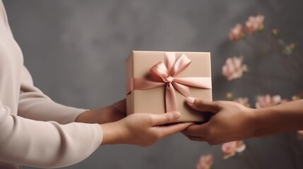 a close up of a person giving a gift to another person with a pink ribbon on a gray background with pink flowers.