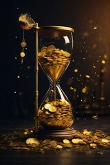 Golden coins flowing in an hourglass, concept of time is money - obrazy, fototapety, plakaty
