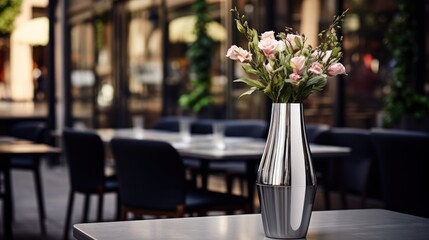  a vase filled with pink flowers sitting on top of a table in front of a dining room filled with tables and chairs.