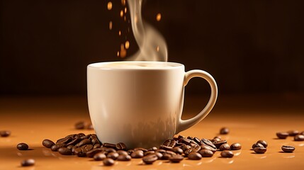 white coffee cup with splashes and coffee beans on beige gradient background for text placement