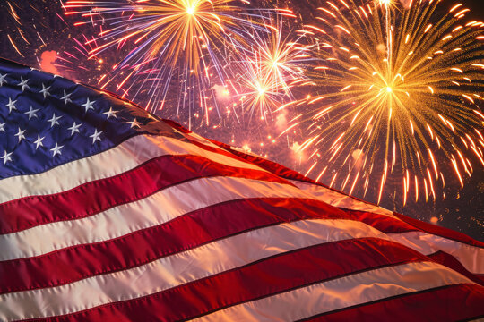 Patriotic Independence Day celebration, a festive image capturing a vibrant Fourth of July celebration with fireworks, American flags, and a patriotic atmosphere.