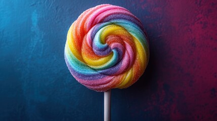  a multicolored lollipop on a stick against a blue and red wall with a pink and blue background.