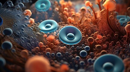  a group of blue and orange bubbles floating on top of a sea anemonic sea anemonic sea anemonic sea anemonic anemonic anemonic.