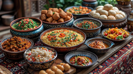 Fototapeta premium An artistic display of Arabic culinary delights, with a variety of colorful and aromatic dishes, rich in flavors and textures, arranged on a beautifully patterned tablecloth, showc