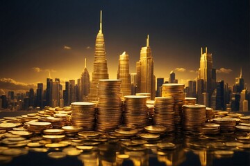 Coin stacks in the form of skyscrapers in a modern city, concept of financial prosperity and stable growth - obrazy, fototapety, plakaty