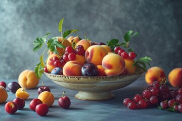 Peaches and plums elegantly arranged in a fruit bowl, a beautiful and appetizing presentation.