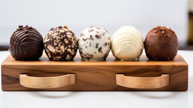  four different types of chocolates in a row on a wooden display stand with a bottle of wine in the background.