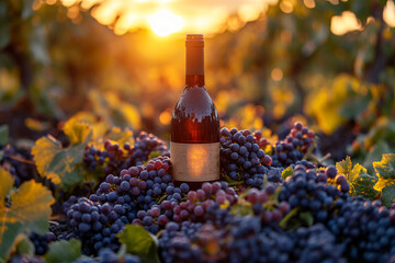 Designer wine bottle placed amidst grapevines during a warm and enchanting vineyard sunset