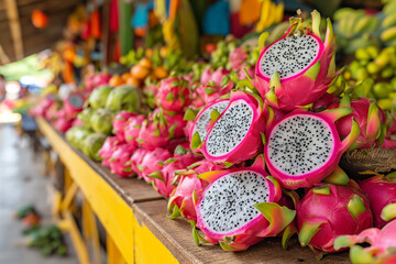 Sliced and whole dragon fruits on dark wood