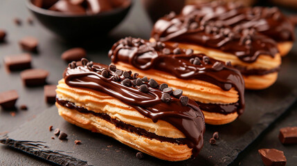 Chocolate covered eclairs on the table. Selective focus. - obrazy, fototapety, plakaty