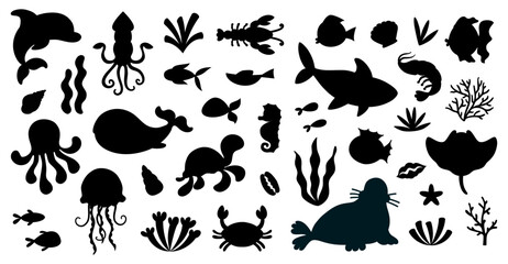 Set of black silhouette isolated marine animals in cartoon style. Sea life, ocean design elements for printing, poster, card.