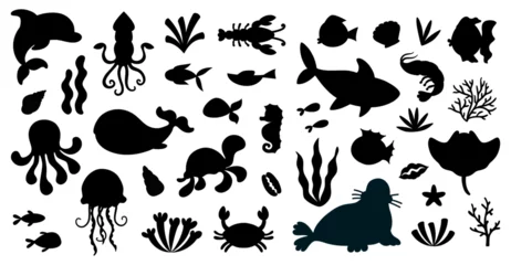 Fotobehang Set of black silhouette isolated marine animals in cartoon style. Sea life, ocean design elements for printing, poster, card. © AnaRisyet