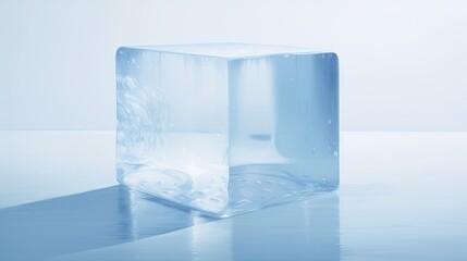  a square ice cube sitting on top of a shiny surface with water droplets on the surface and on top of the ice cube.