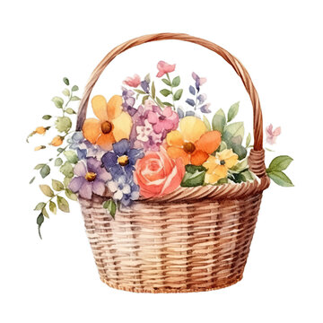 Blumenkorb Aquarell Fr&uuml;hlingsblumen Arrangement Rattankorb Illustration Blumendeko Wandbild Nat&uuml;rliches Ambiente Kunstwerk