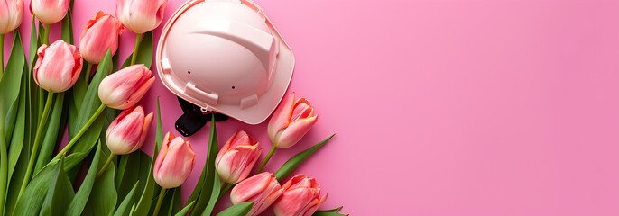 Pink construction helmet and tulips on a soft pink background. Concept for Women's Day, Valentine's Day and construction business Copy space. Banner. Mock up - obrazy, fototapety, plakaty