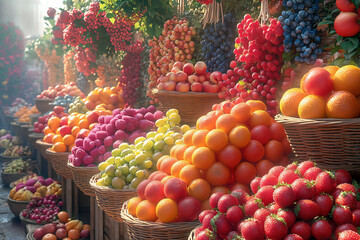 A mix of various fruits, like apples, oranges, and berries,  background of a market stal - obrazy, fototapety, plakaty