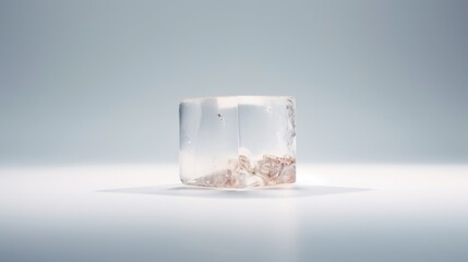  a block of ice sitting on top of a table next to a glass of water with ice cubes on top of it.