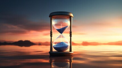  an hourglass sitting in the middle of a body of water with the sun setting in the sky behind it.