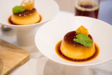 Egg pudding serve in coffee shop