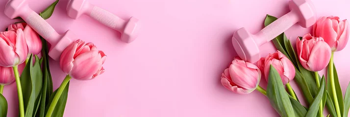 Papier Peint photo Fitness Pink tulips and dumbbells on a soft pink background. Concept of sport, fitness, Women's Day and Valentine's Day. Copy space. Banner.