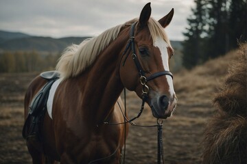 Purebred steed with saddle and bridle in nature