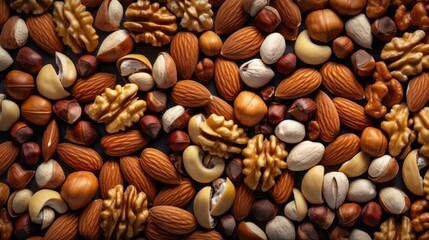  a mixture of nuts and nutshells are arranged in a circle on top of each other on a black surface. - obrazy, fototapety, plakaty