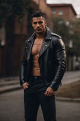 Shirtless Man in Black Leather Jacket Poses Confidently for the Camera. Generative AI.
