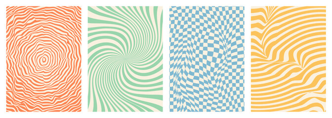 Twisted and distorted vector groovy hippie background. Waves, swirl, twirl pattern. Set of backgrounds in trendy retro psychedelic style. Vector illustration - obrazy, fototapety, plakaty