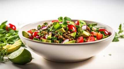  a white bowl filled with a salad on top of a table next to a green leafy garnish.