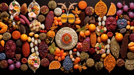  a variety of fruits and vegetables are arranged in the shape of a rectangle on a black background, including oranges, yellows, blueberries, and oranges.
