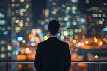 A portrait man with black suit behind looking for night town building top views. - obrazy, fototapety, plakaty