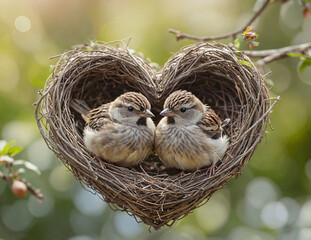  Two birds sparrow are sitting in a heart shape nest. Highlight for March 20th – World Sparrow Day celebration