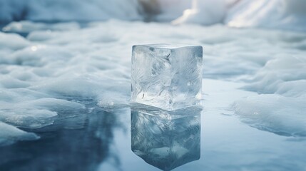  a block of ice sitting on top of a table covered in ice and ice flakes on top of a puddle of water.