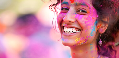 Obraz premium Portrait of young beautiful woman among clouds of blue and yellow Holi powder. Traditional Holi holiday, festival of colors