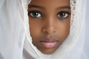 Close up of face of young teenage girl child with afro american skin color wearing wedding veil - obrazy, fototapety, plakaty