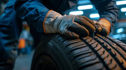 Hands of an auto mechanic worker with car tire using vulcanizing tool - obrazy, fototapety, plakaty