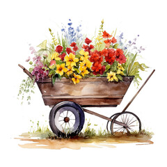 Schubkarre, Watercolor, Zeichnung, Bunte Blumen, Garten, Malerei, Aquarell, Kunst, Dekor, Handgemalt, Originell, Geschenk, Blumenwagen, Pflanzen, Natur, Wohnkultur, Gartendekoration, Kunstwerk, Wohnzi