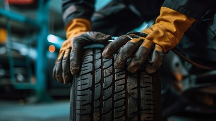 Hands of an auto mechanic worker with car tire using vulcanizing tool