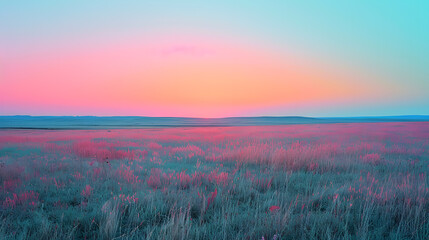 A vast plain, with surreal neon-colored grass and a pastel gradient sky, during a mystical...