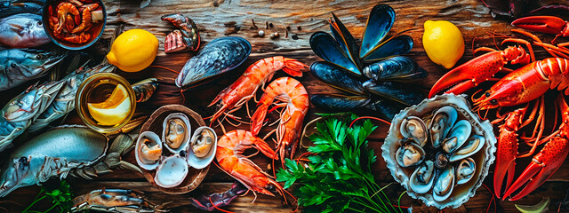 Fototapeta premium Various seafood on a wooden background. Selective focus.