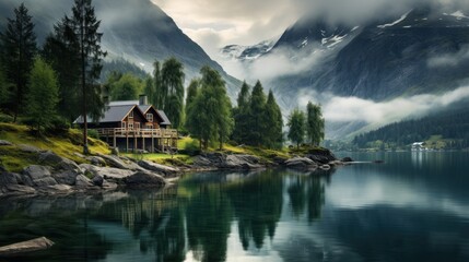 Obraz premium a painting of a house on the shore of a lake with mountains in the background and clouds in the sky.