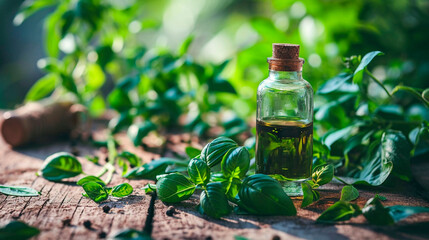 Basil oil on a table in the garden. Selective focus.