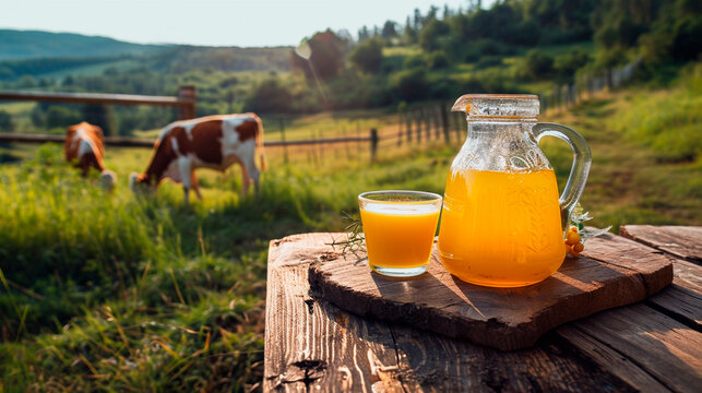 GHI oil on a table in the garden. Selective focus.