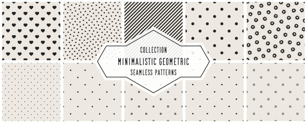 Collection of vector seamless minimalistic patterns. Modern stylish unusual prints with symbols. Endless monochrome backgrounds