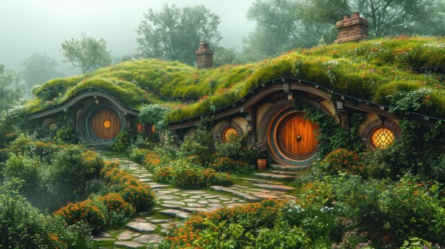  a hobbiton movie set in Matamata, New Zealand It is an animated picture with a house covered in grass, surrounded by plants and trees, with a path leading up to it