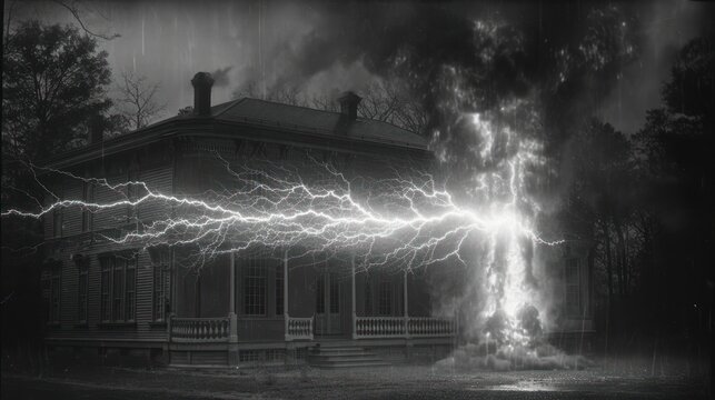  a black and white photo of a house with a lightning bolt in the middle of the photo and a house in the background.