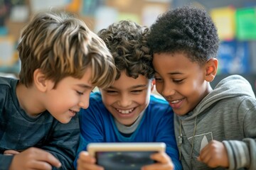 Boys using digital tablet together in elementary school